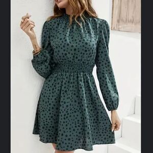 Green Dalmation Dots Smocked Women's Dress